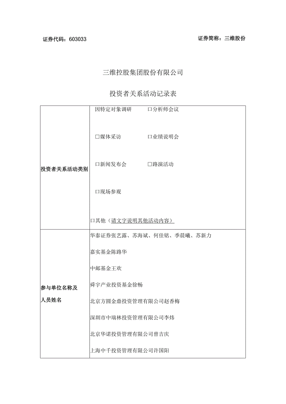 证券代码603033证券简称三维股份三维控股集团股份有限公司投资者关系活动记录表.docx_第1页