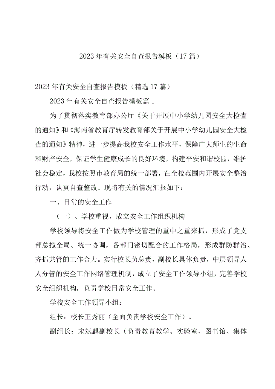 2023年有关安全自查报告模板（17篇）.docx_第1页