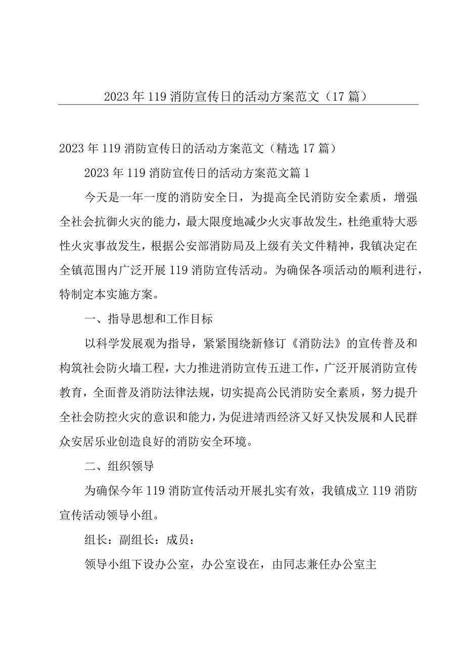 2023年119消防宣传日的活动方案范文（17篇）.docx_第1页