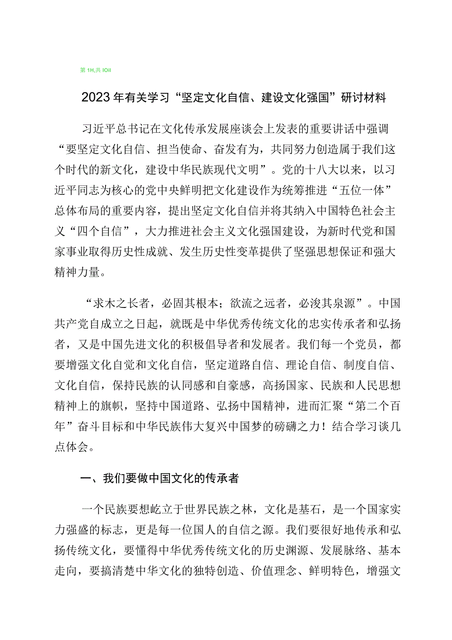 2023年文化自信文化强国研讨交流发言材（多篇汇编）.docx_第1页