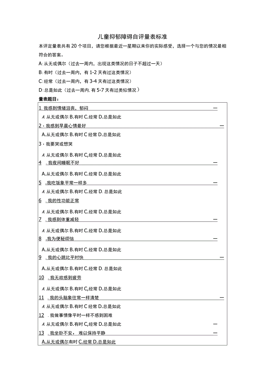 儿童抑郁障碍自评量表标准.docx_第1页