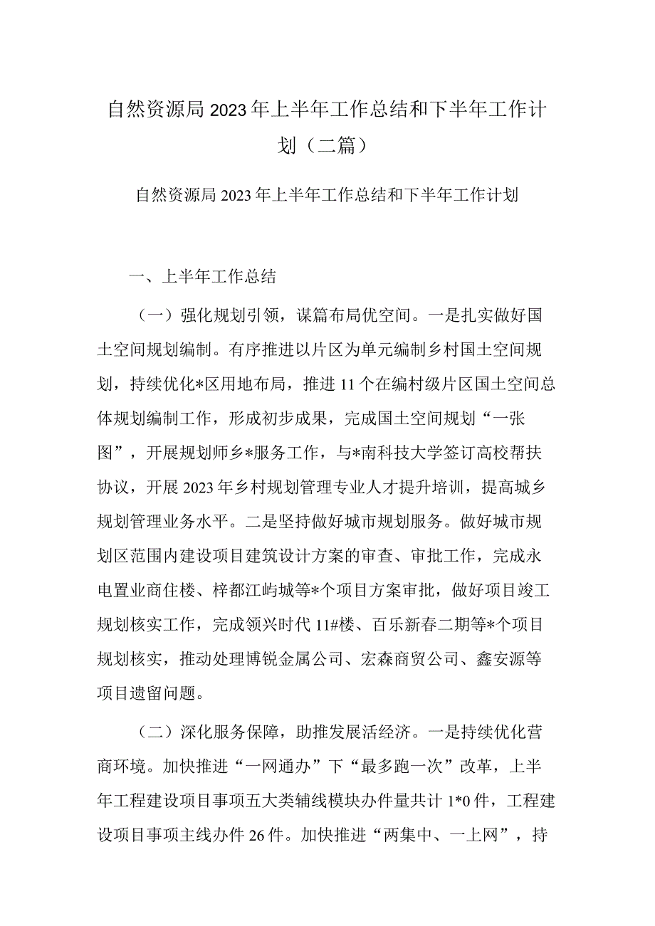 自然资源局2023年上半年工作总结和下半年工作计划(二篇).docx_第1页