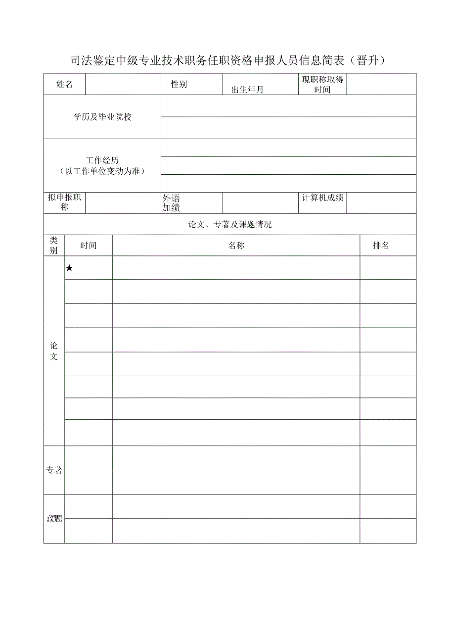 司法鉴定中级专业技术职务任职资格申报人员信息简表(晋升）.docx_第1页