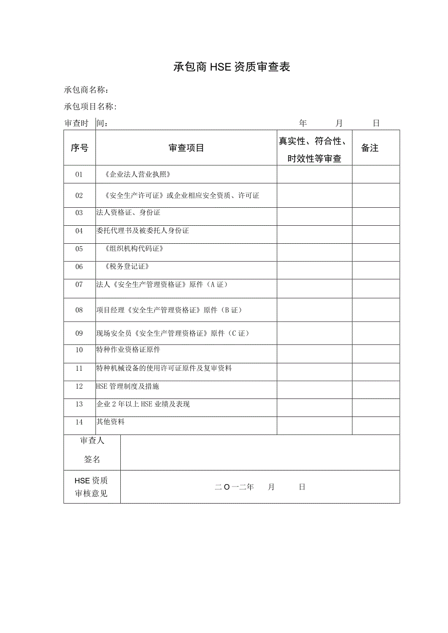 承包商资质审查表资料表.docx_第1页