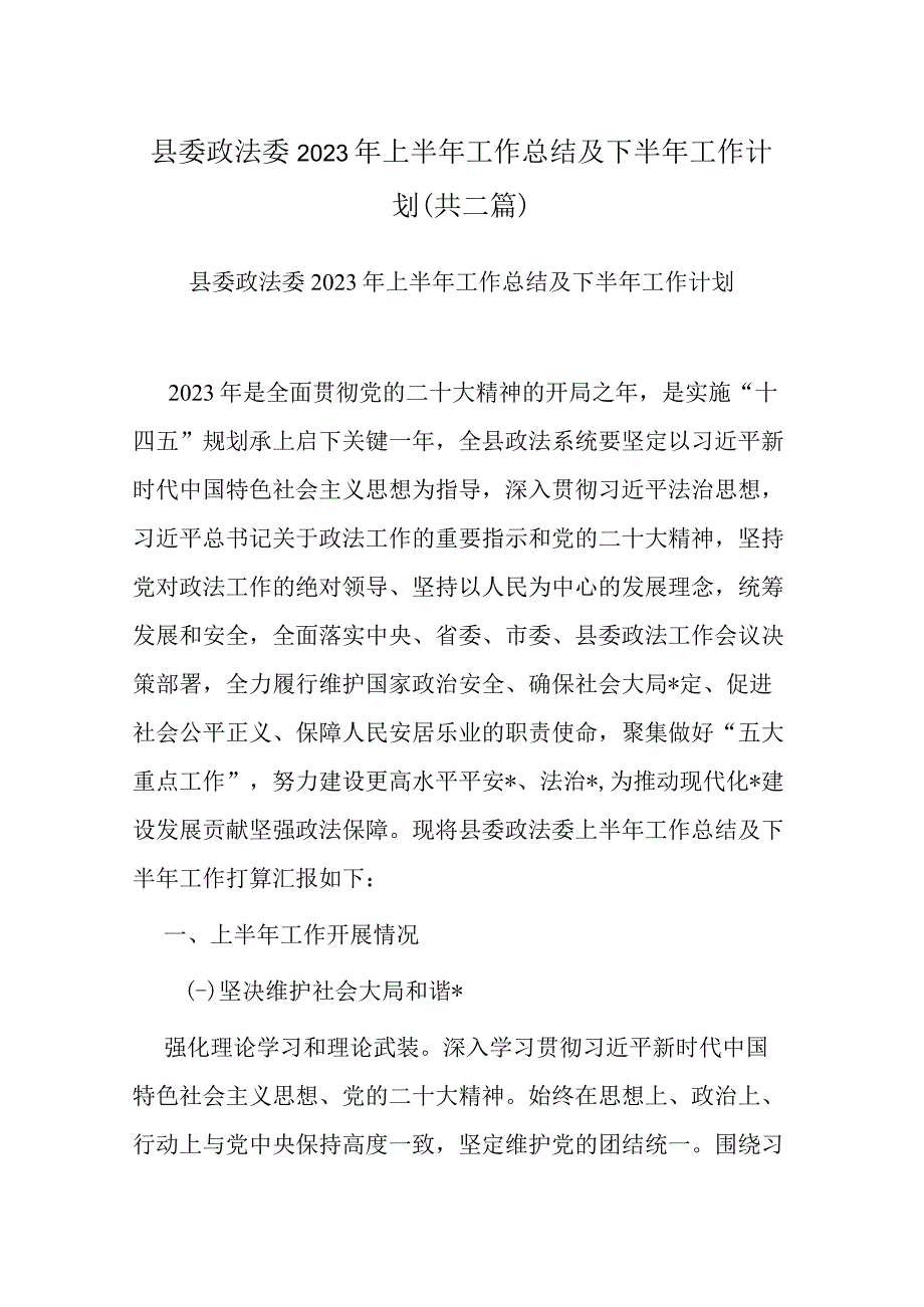 县委政法委2023年上半年工作总结及下半年工作计划(共二篇).docx_第1页