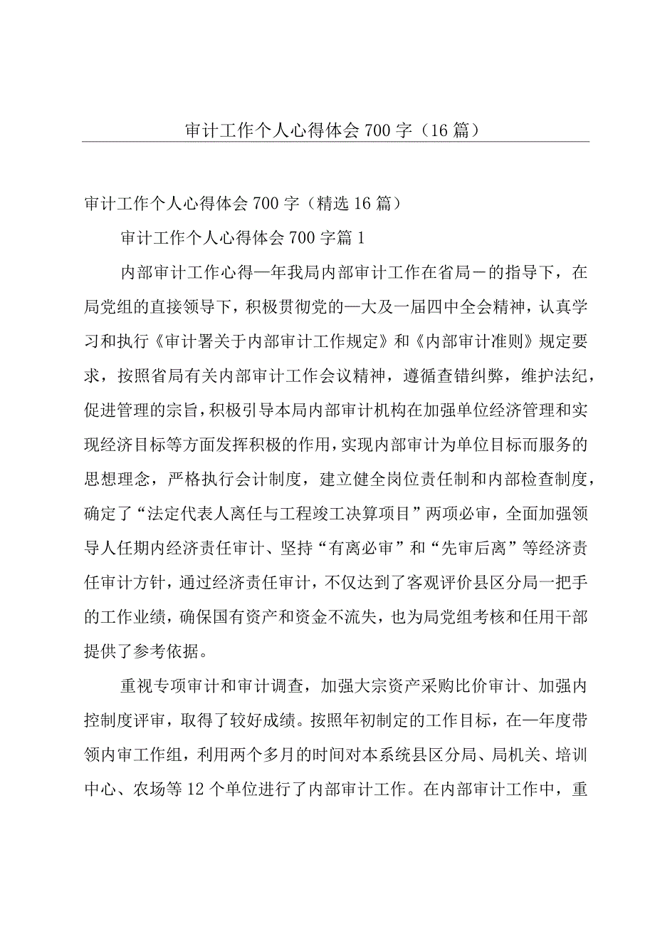 审计工作个人心得体会700字（16篇）.docx_第1页