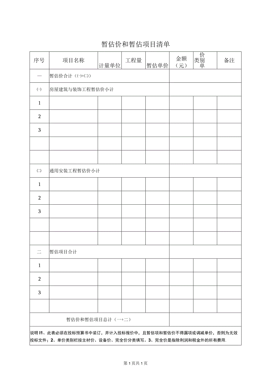 暂估价和暂估项目清单(2023年).docx_第1页