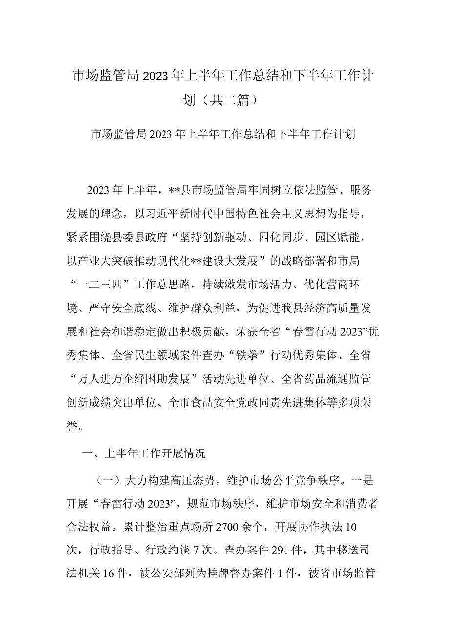 市场监管局2023年上半年工作总结和下半年工作计划(共二篇).docx_第1页