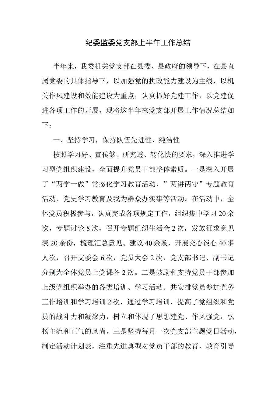 纪委监委党支部上半年工作总结.docx_第1页