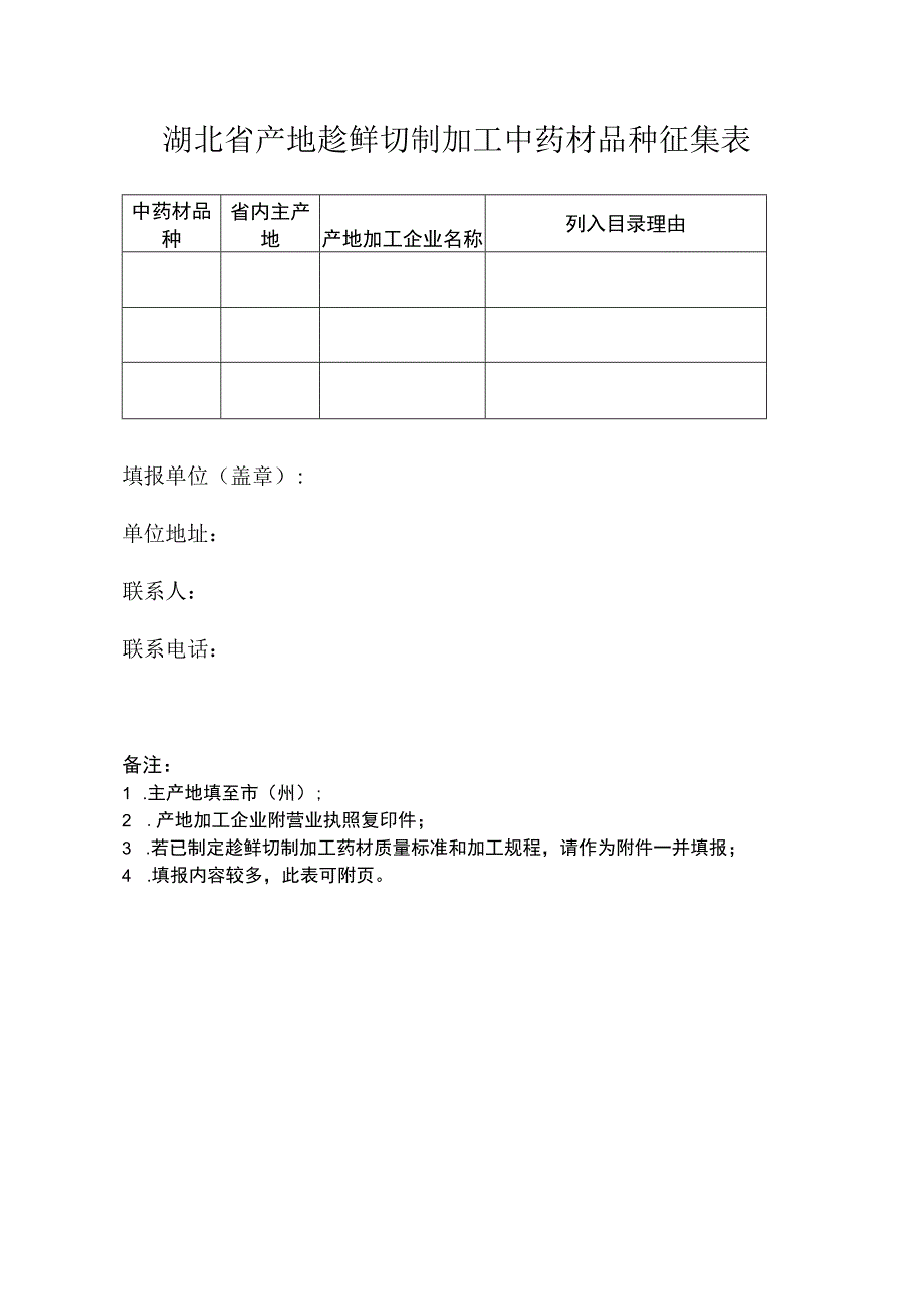 湖北省产地趁鲜切制加工中药材品种征集表.docx_第1页