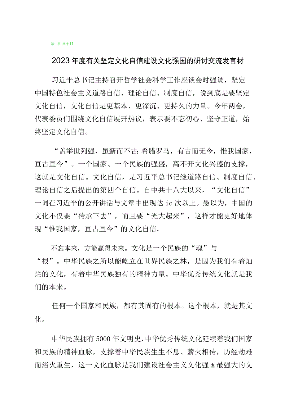 文化自信文化强国研讨交流发言材（10篇）.docx_第1页