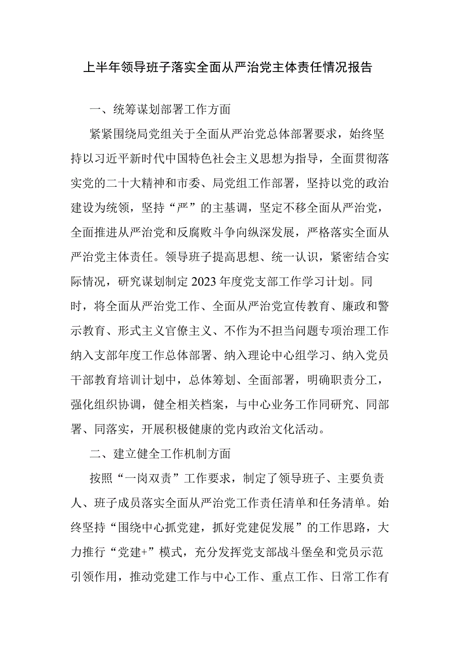 上半年领导班子落实全面从严治党主体责任情况报告.docx_第1页