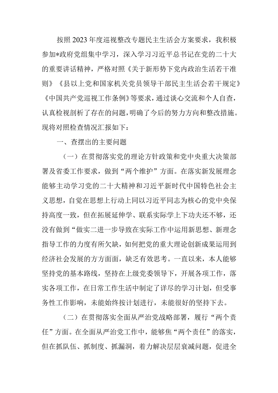 巡视整改民主生活个人检查材料.docx_第1页