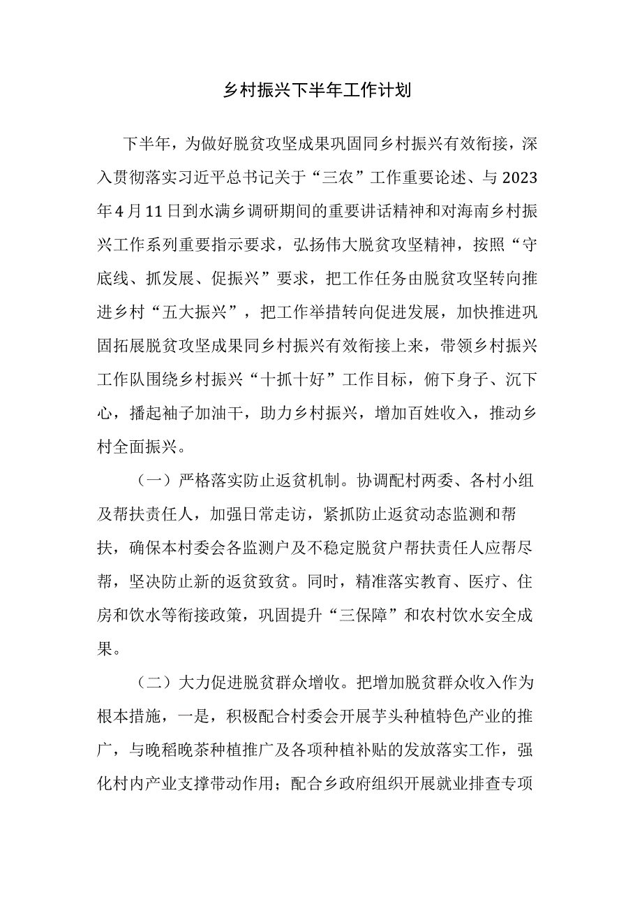 乡村振兴下半年工作计划.docx_第1页