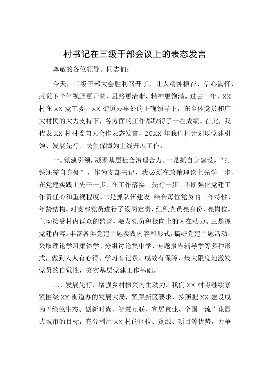 村书记在三级干部会议上的表态发言.docx_第1页