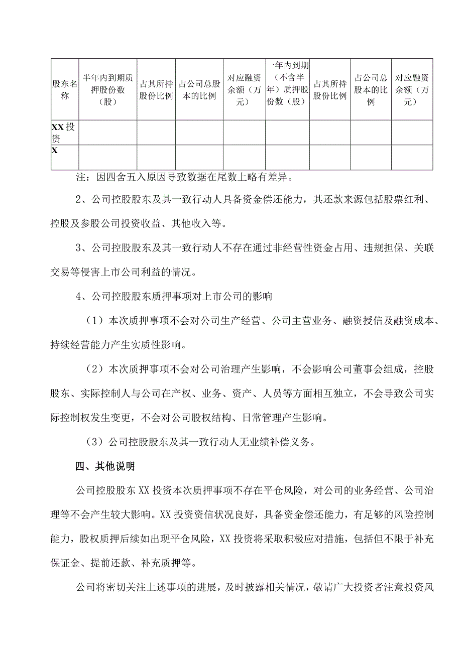 XX学校股份有限公司关于控股股东部分股份质押的公告.docx_第3页