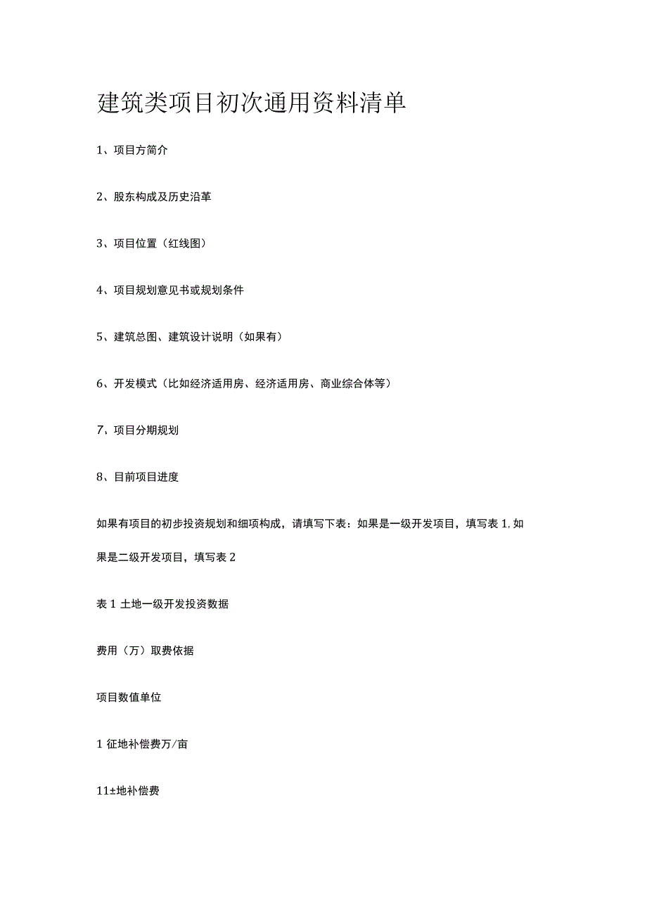 建筑类项目初次通用资料清单全.docx_第1页
