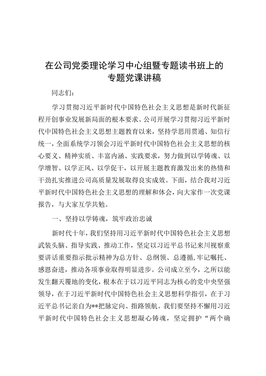 在公司党委理论学习中心组暨专题读书班上的专题党课讲稿.docx_第1页