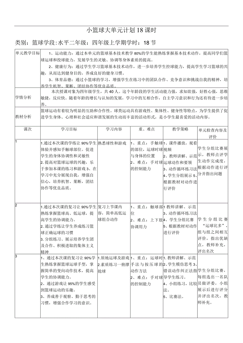 水平二（四年级）体育《小篮球行进间运球》教学设计及教案（附大单元教学计划）.docx_第1页