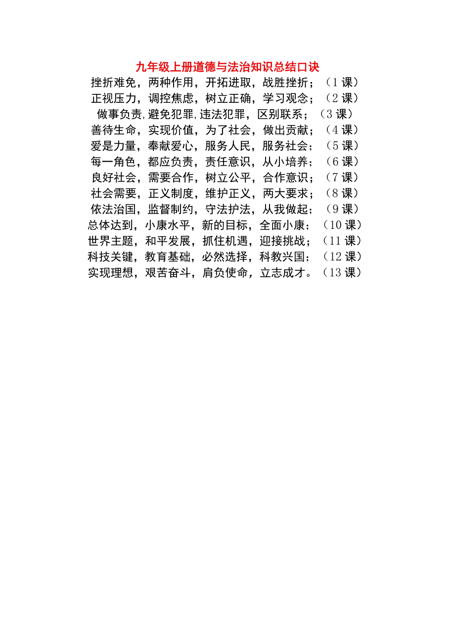 九年级上册道德与法治知识总结口诀.docx_第1页