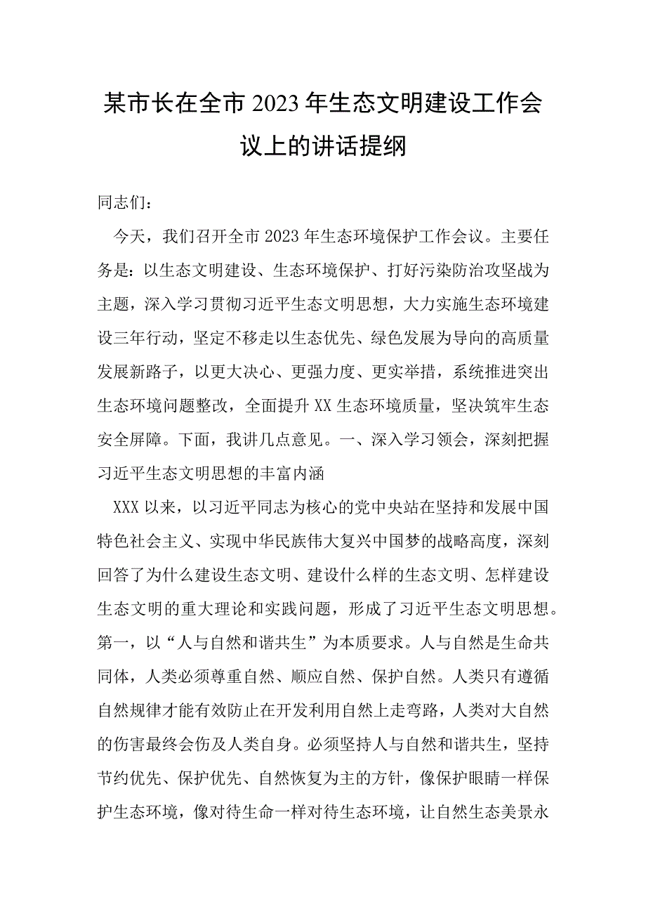 某市长在全市2023年生态文明建设工作会议上的讲话提纲.docx_第1页