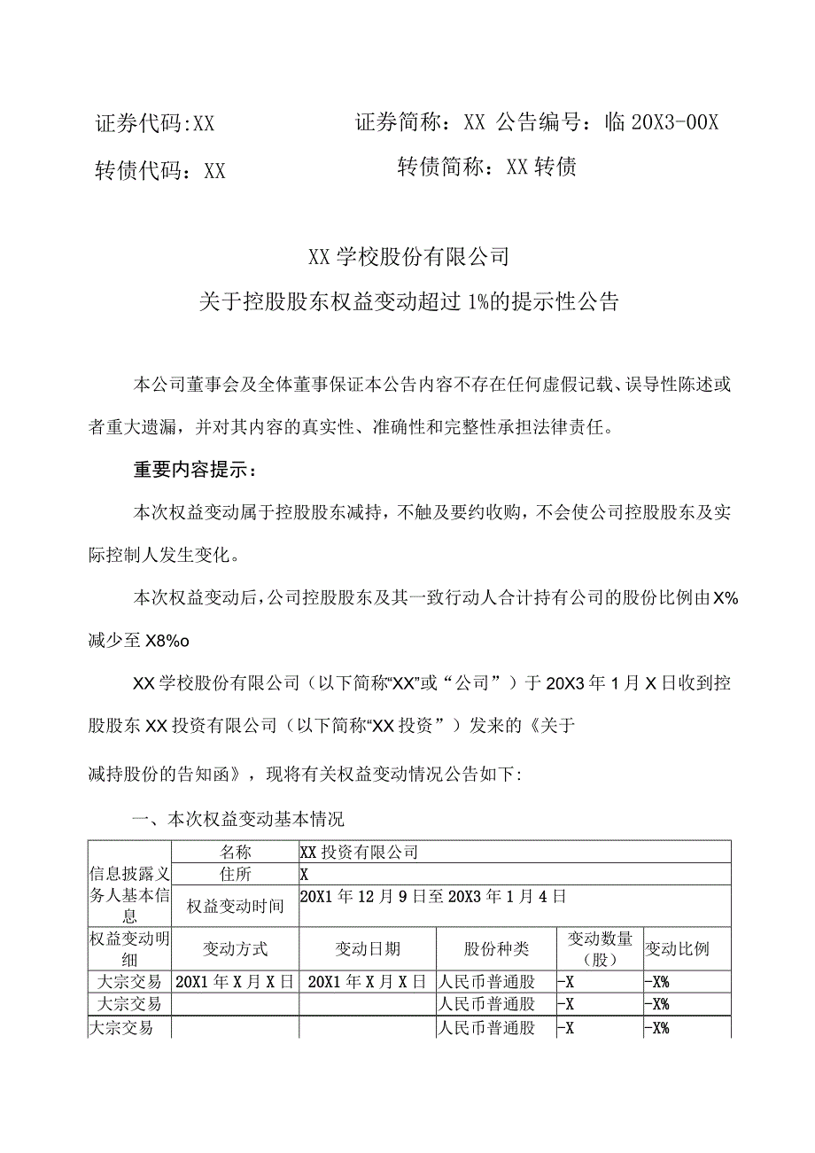 XX学校股份有限公司关于控股股东权益变动超过1%的提示性公告.docx_第1页