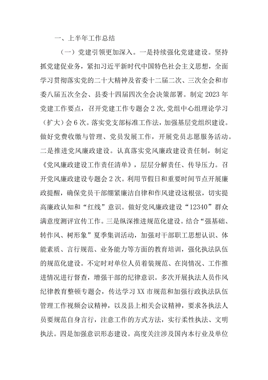 综合行政执法局党组2023年上半年工作总结和下半年工作要点.docx_第1页