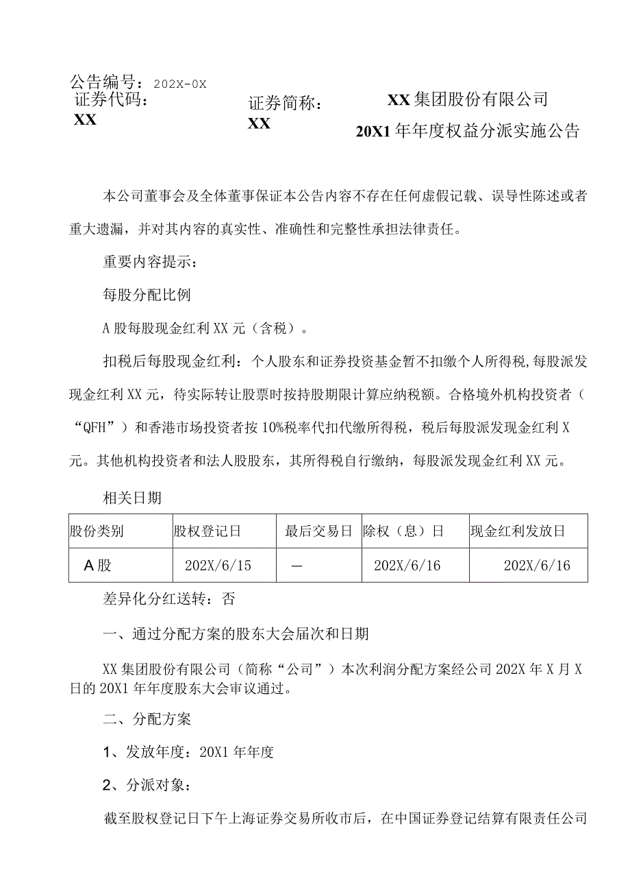 XX集团股份有限公司20X1年年度权益分派实施公告.docx_第1页