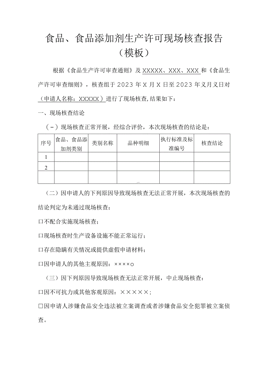 食品、食品添加剂生产许可现场核查报告（模板）.docx_第1页