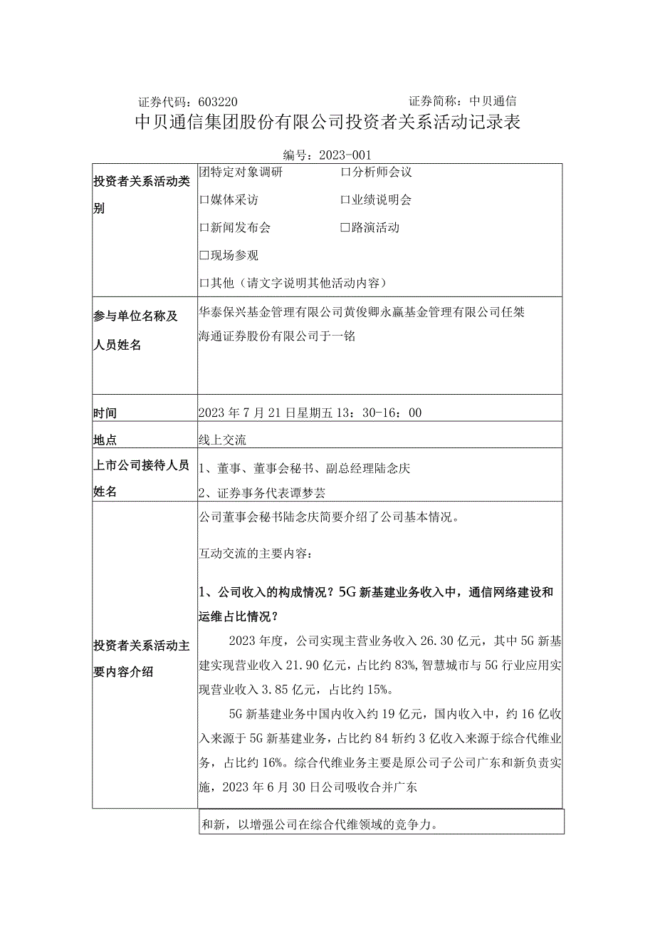 证券代码603220证券简称中贝通信中贝通信集团股份有限公司投资者关系活动记录表.docx_第1页