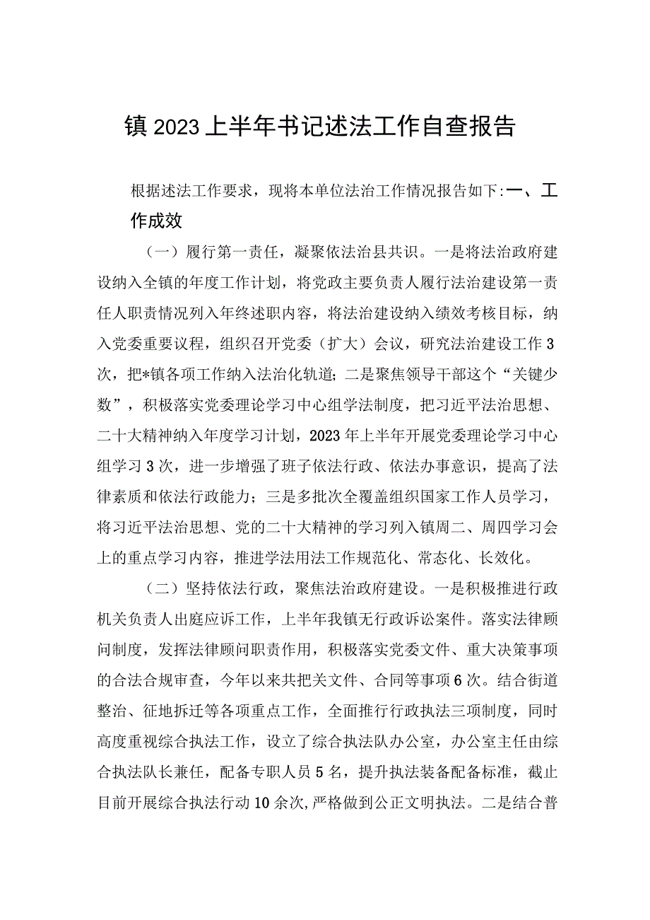 镇2023上半年书记述法工作自查报告.docx_第1页