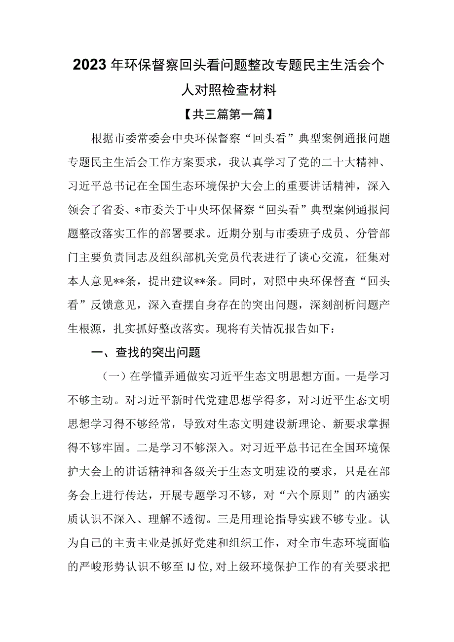 （3篇）2023年环保督察回头看问题整改专题民主生活会个人对照检查材料.docx_第1页