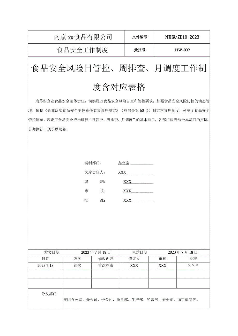 食品安全风险日管控、周排查、月调度工作制度含对应表格.docx_第1页