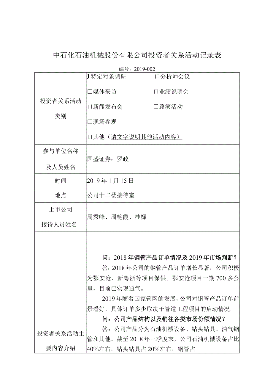 证券代码000852证券简称石化机械中石化石油机械股份有限公司投资者关系活动记录表.docx_第1页