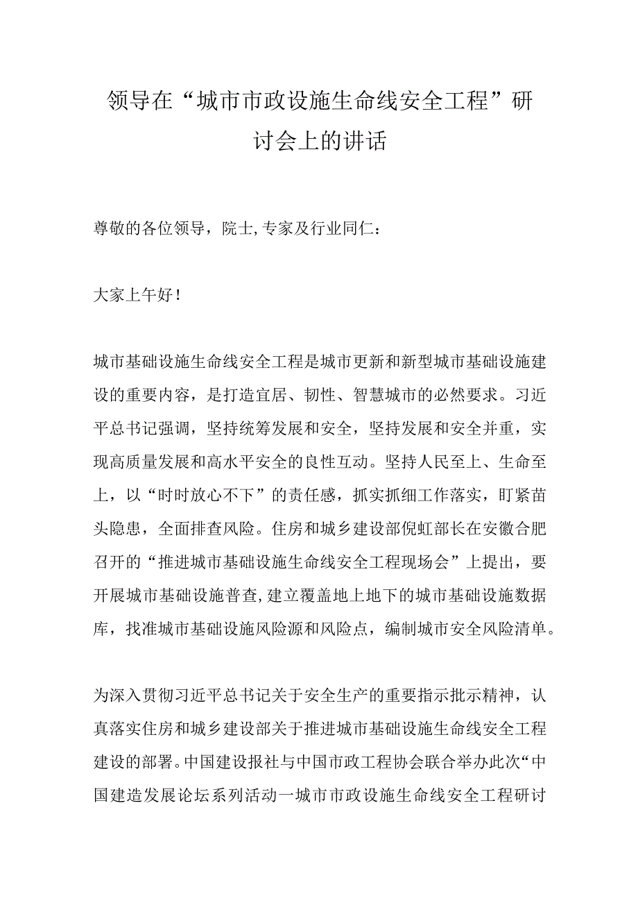 领导在“城市市政设施生命线安全工程”研讨会上的讲话.docx_第1页