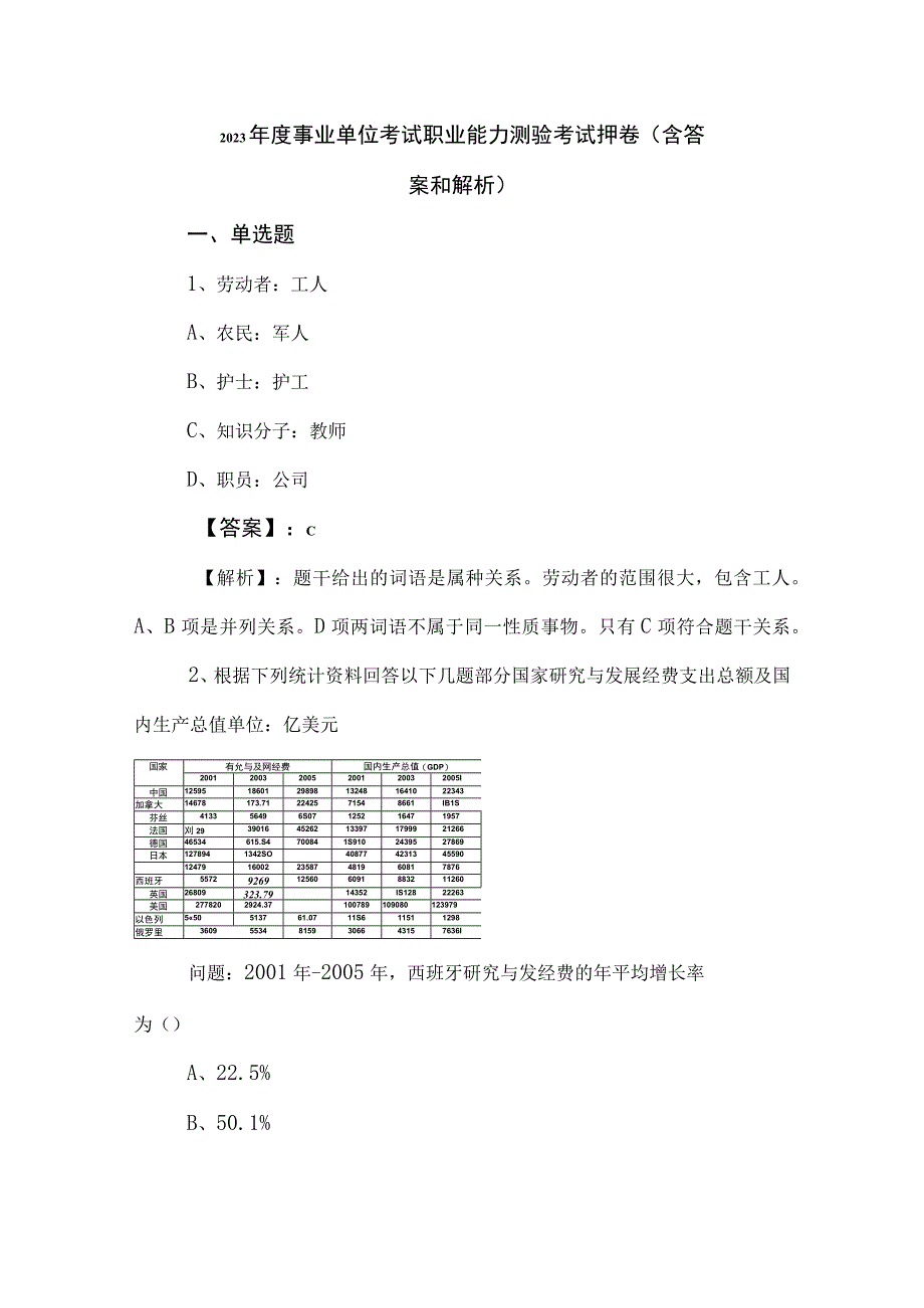 2023年度事业单位考试职业能力测验考试押卷（含答案和解析）.docx_第1页