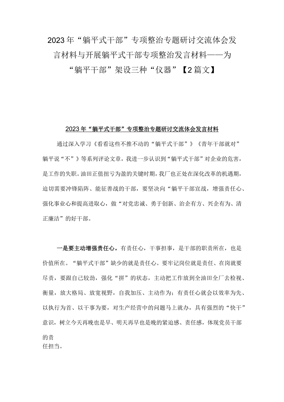 2023年“躺平式干部”专项整治专题研讨交流体会发言材料与开展躺平式干部专项整治发言材料——为“躺平干部”架设三种“仪器”【2篇文】.docx_第1页