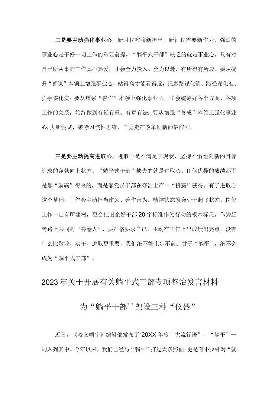 2023年“躺平式干部”专项整治专题研讨交流体会发言材料与开展躺平式干部专项整治发言材料——为“躺平干部”架设三种“仪器”【2篇文】.docx_第2页