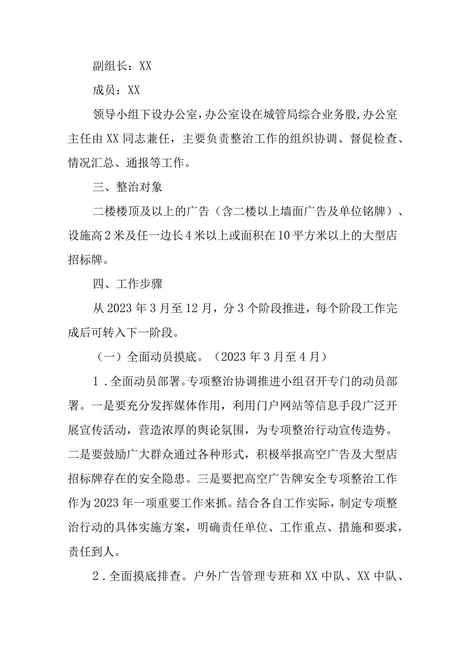 XX县2023年城市运行安全高空广告及大型店招标牌专项整治行动工作方案.docx_第2页