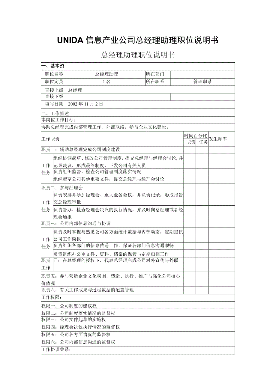 UNIDA信息产业公司总经理助理职位说明书.docx_第1页