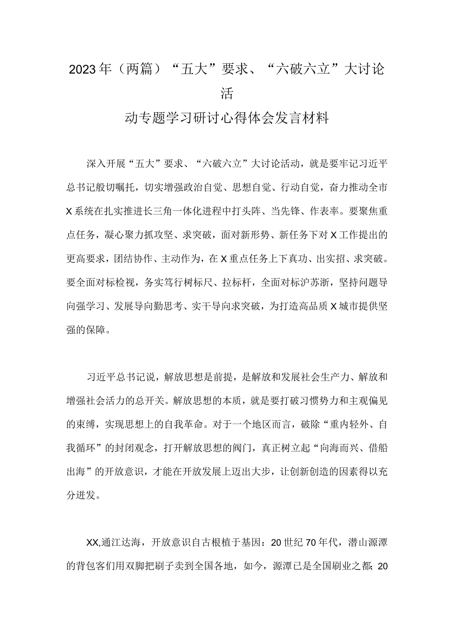 2023年（两篇）“五大”要求、“六破六立”大讨论活动专题学习研讨心得体会发言材料.docx_第1页