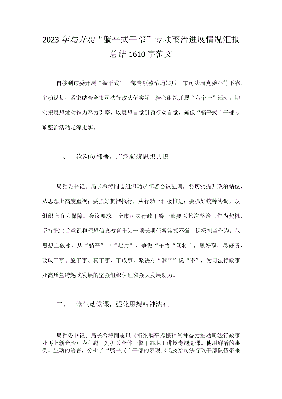 2023年局开展“躺平式干部”专项整治进展情况汇报总结1610字范文.docx_第1页