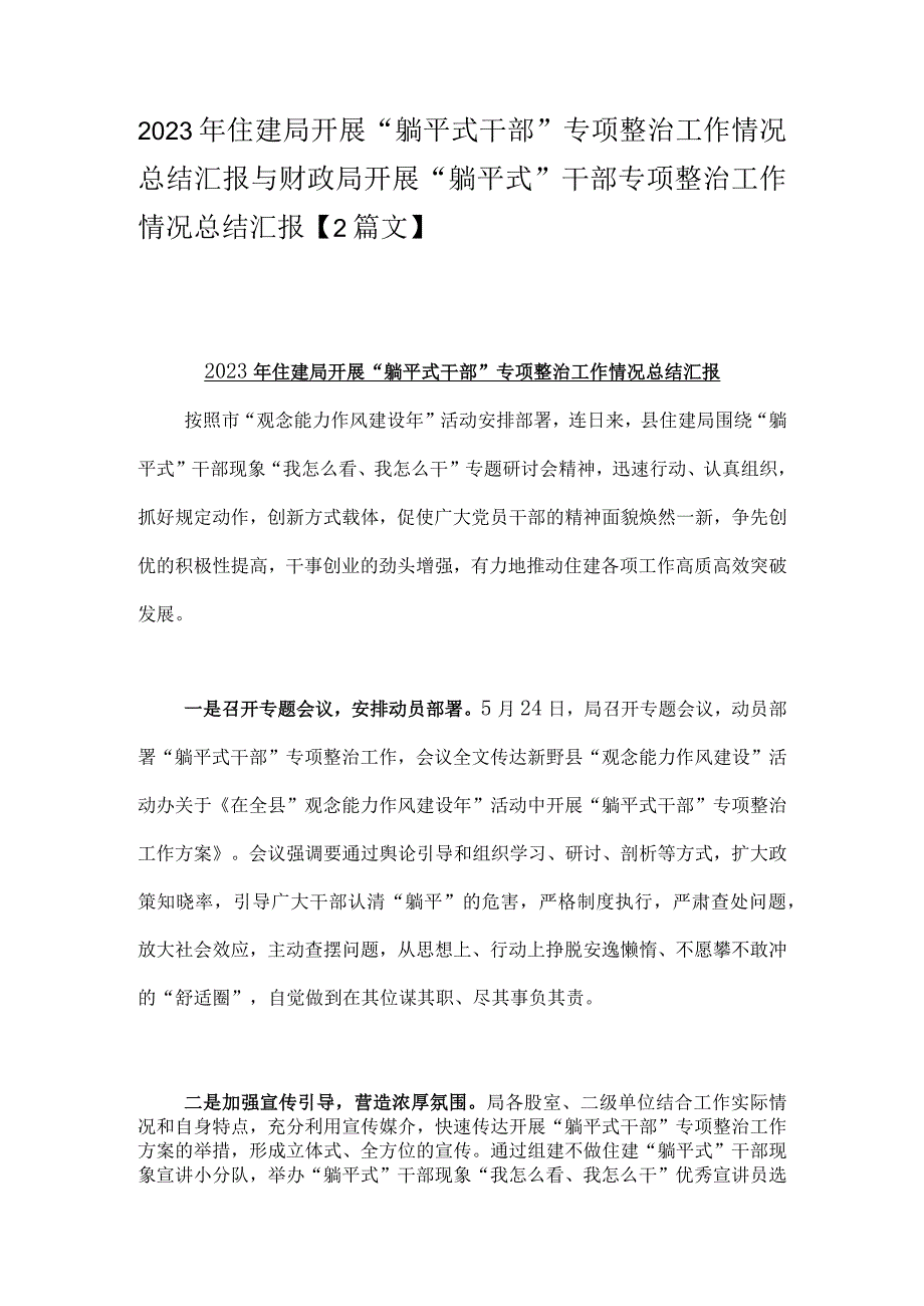 2023年住建局开展“躺平式干部”专项整治工作情况总结汇报与财政局开展“躺平式”干部专项整治工作情况总结汇报【2篇文】.docx_第1页