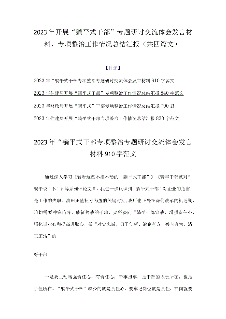 2023年开展“躺平式干部”专题研讨交流体会发言材料、专项整治工作情况总结汇报（共四篇文）.docx_第1页