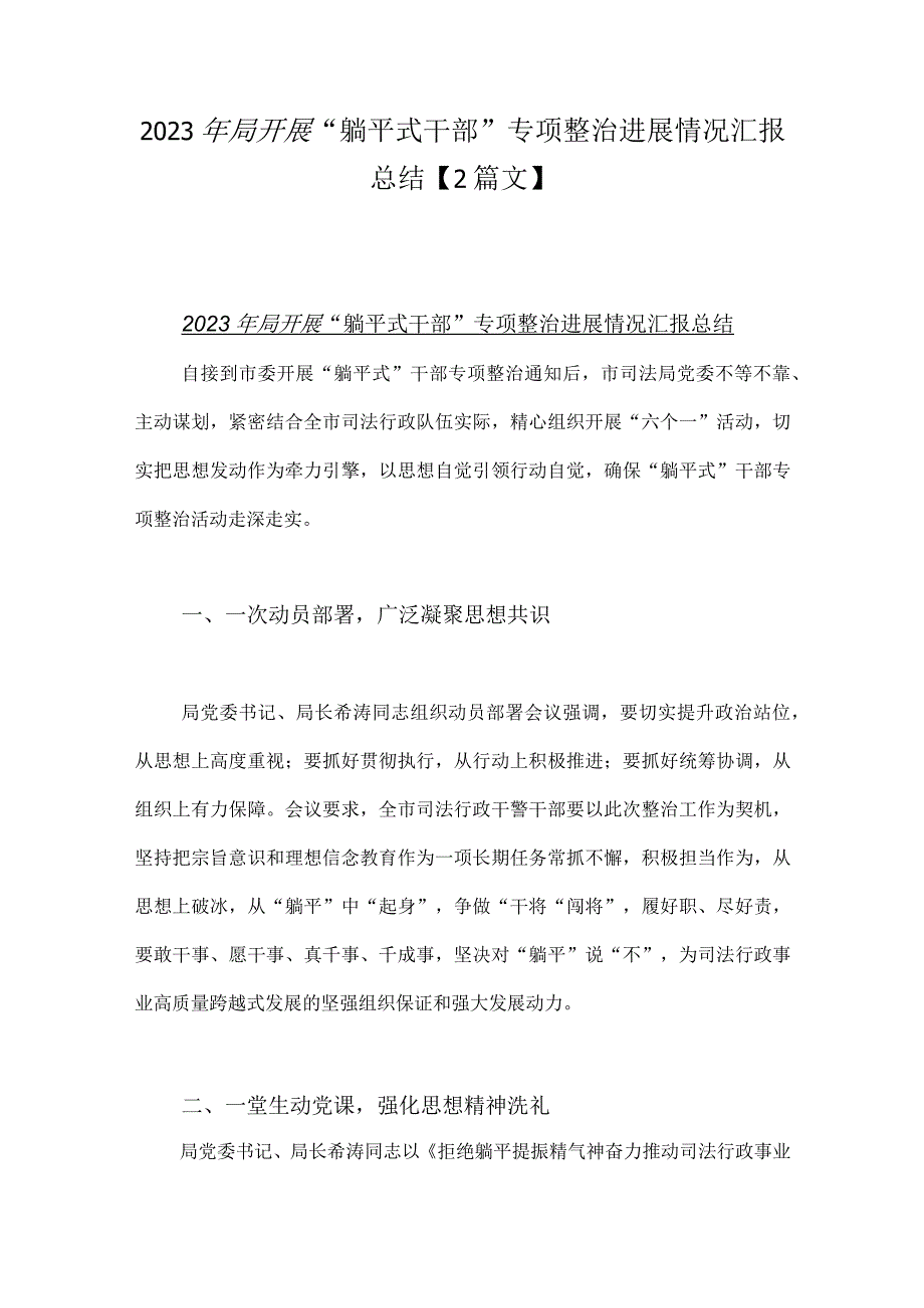 2023年局开展“躺平式干部”专项整治进展情况汇报总结【2篇文】.docx_第1页