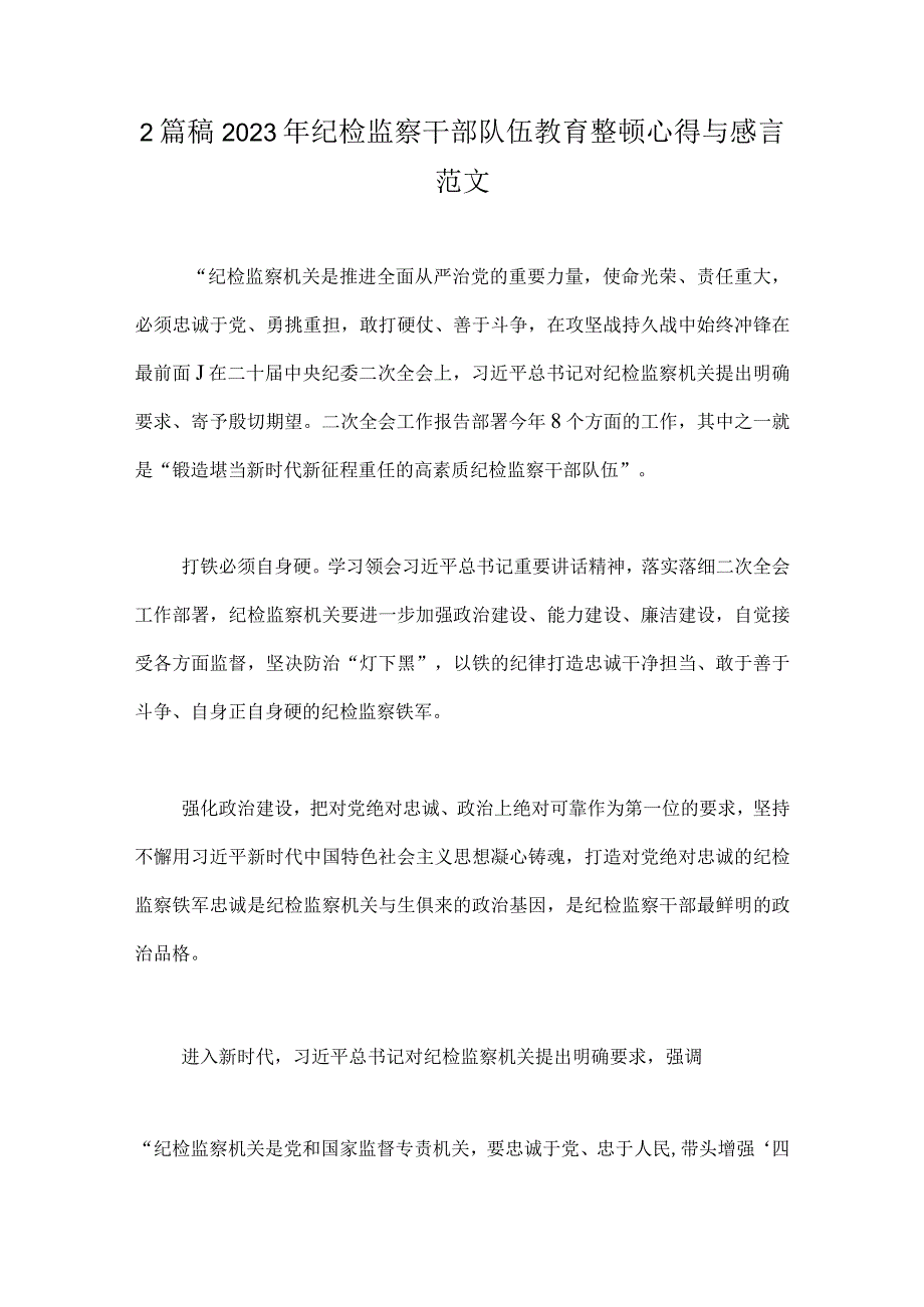 2篇稿2023年纪检监察干部队伍教育整顿心得与感言范文.docx_第1页