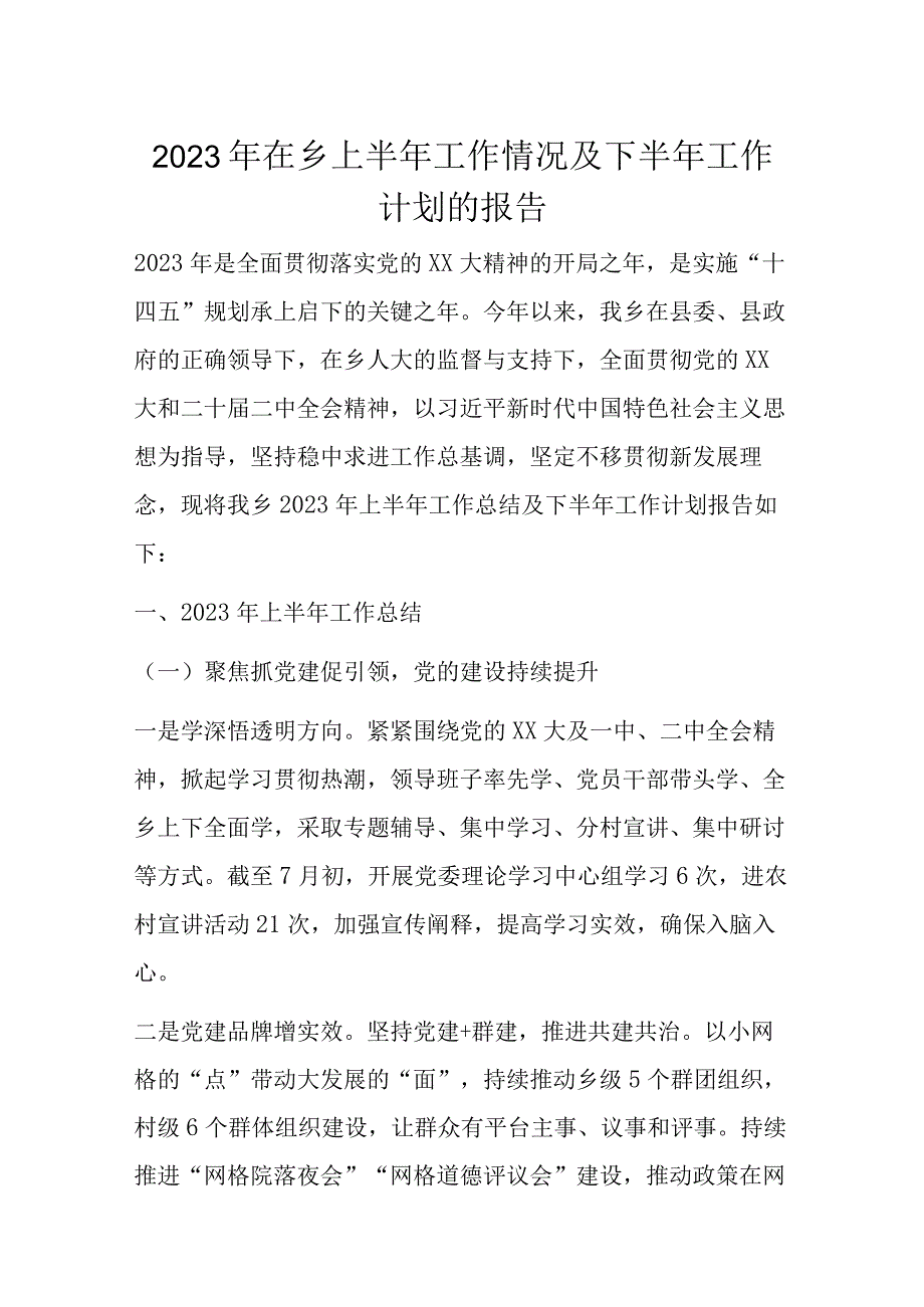 2023年在乡上半年工作情况及下半年工作计划的报告.docx_第1页