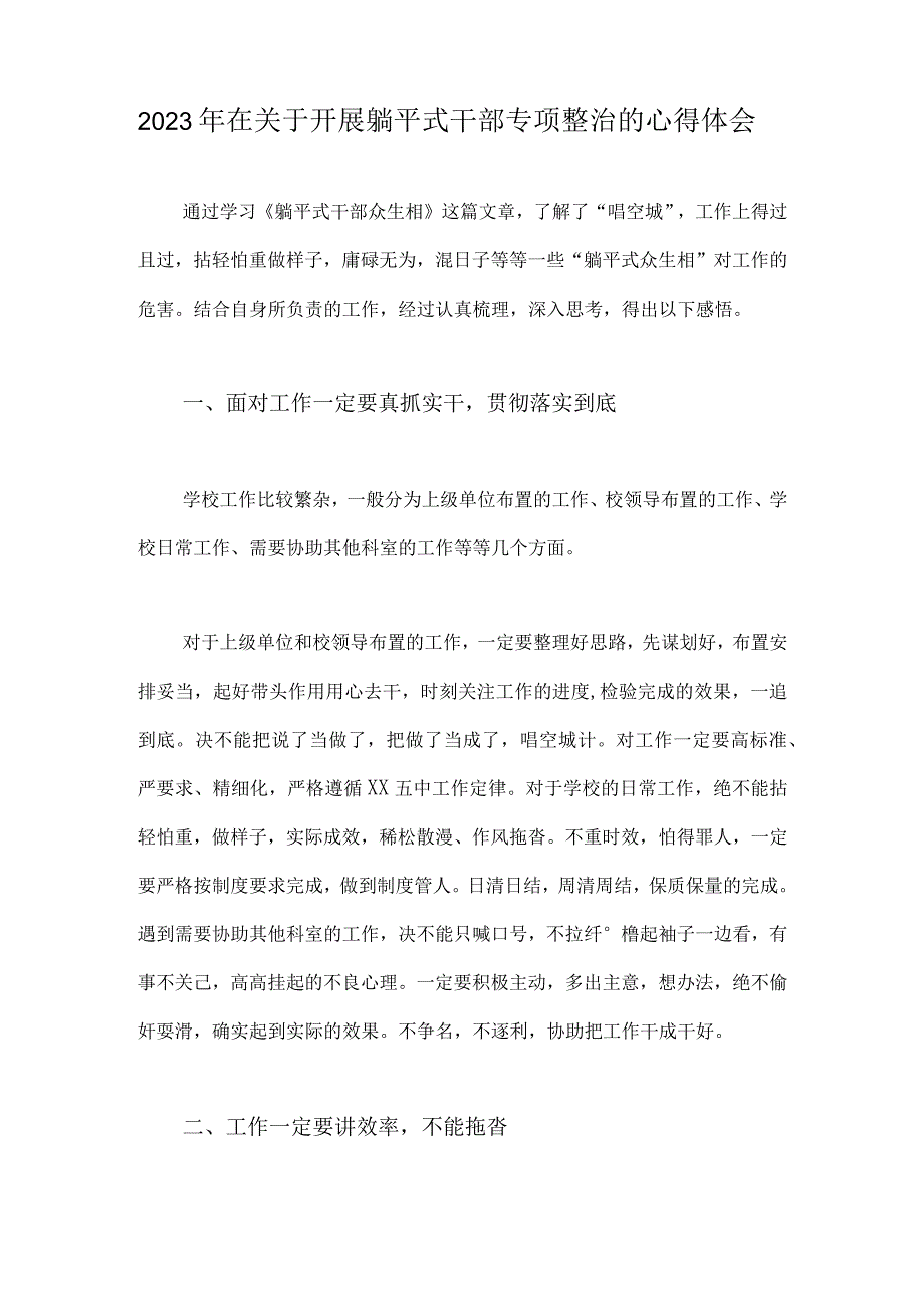 2023年在关于开展躺平式干部专项整治的心得体会、研讨发言材料、专项整治工作情况总结汇报（共8篇文）.docx_第2页