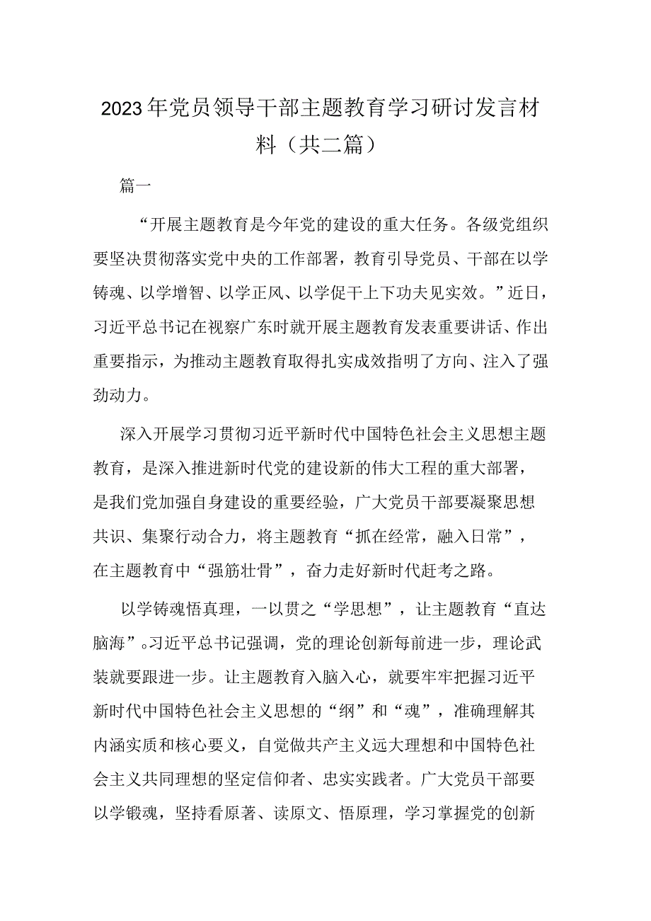 2023年党员领导干部主题教育学习研讨发言材料(共二篇).docx_第1页