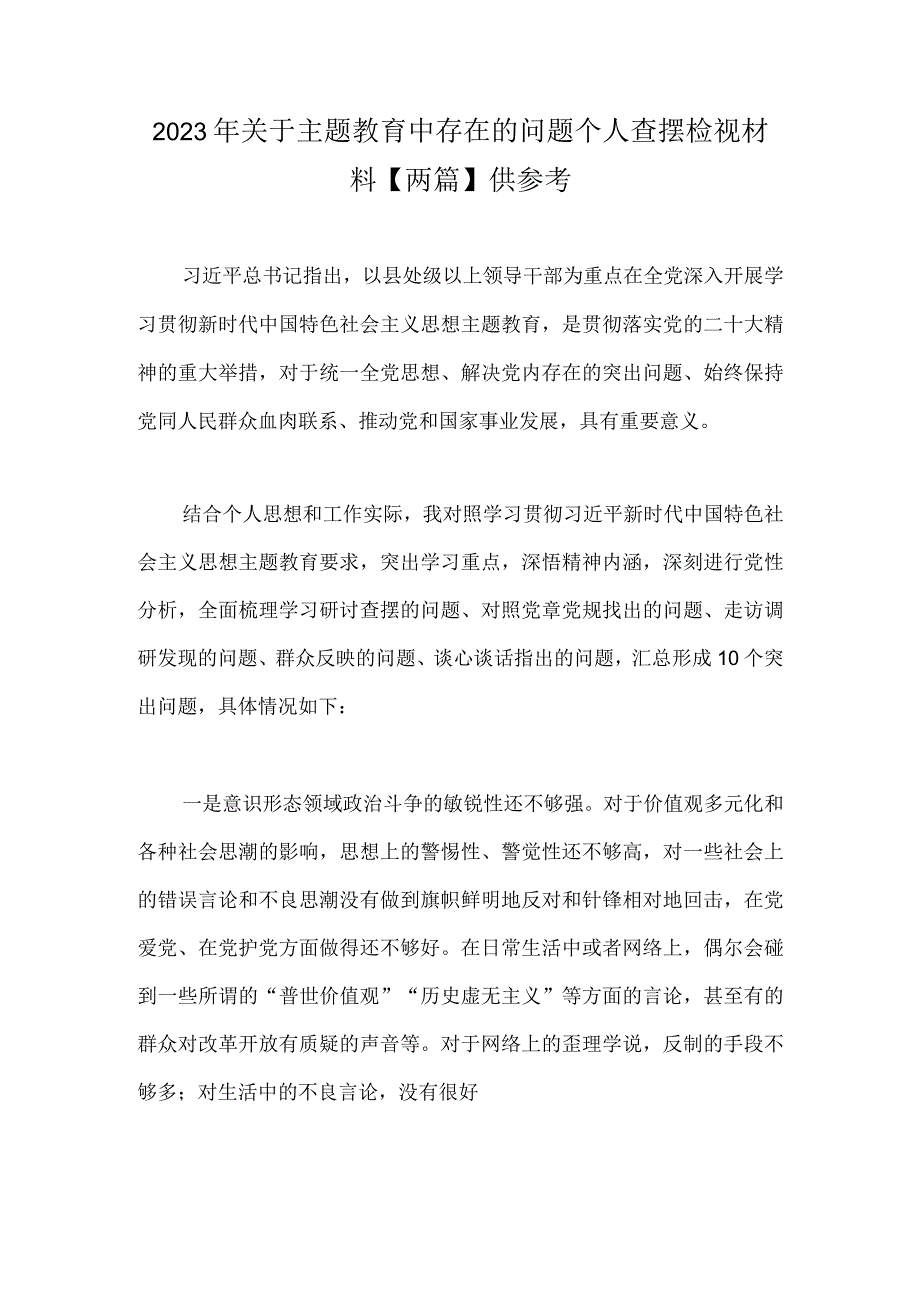 2023年关于主题教育中存在的问题个人查摆检视材料【两篇】供参考.docx_第1页